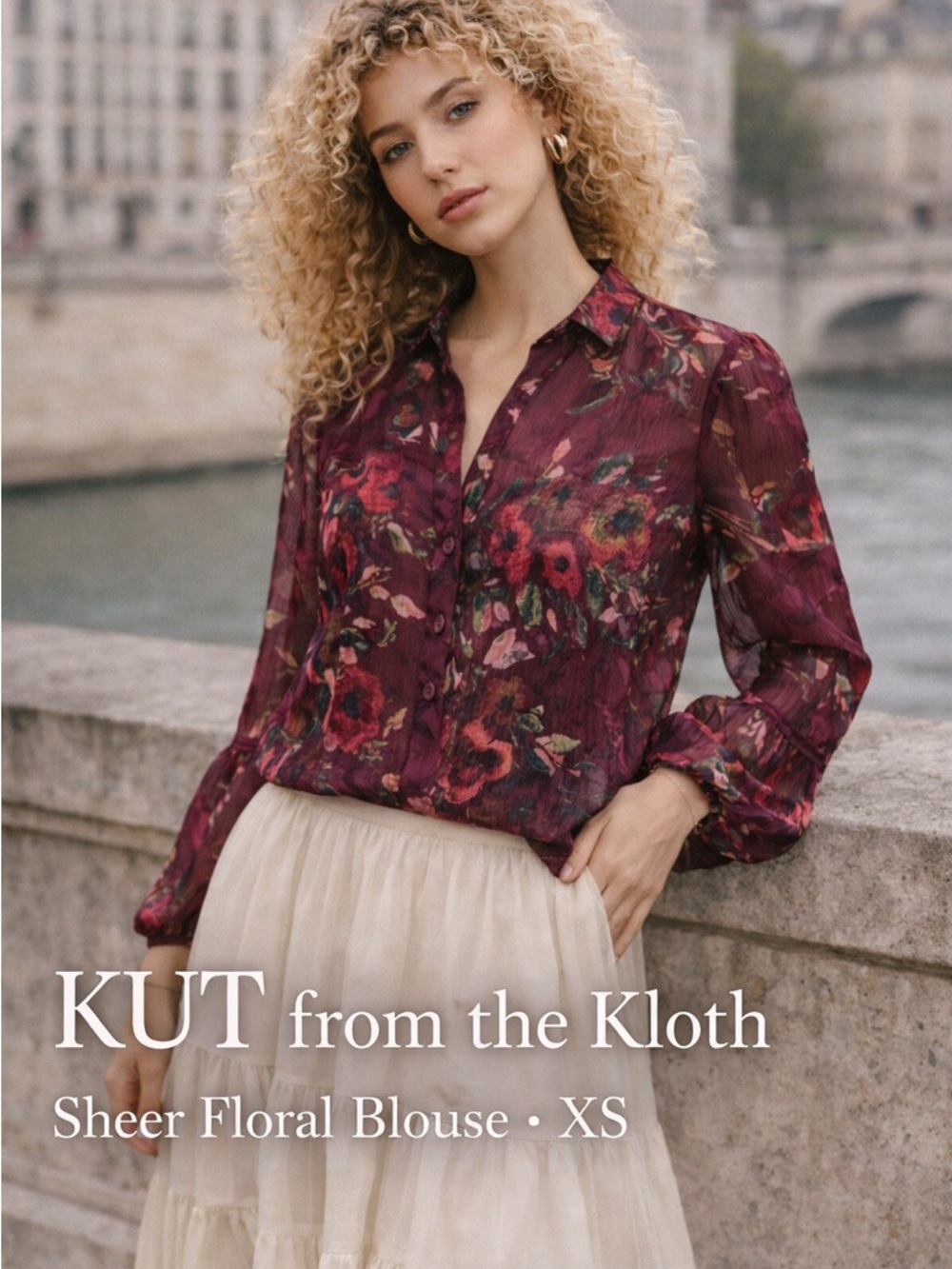 Kut from the Kloth Burgundy Floral Sheer Button-Front Blouse XS/S